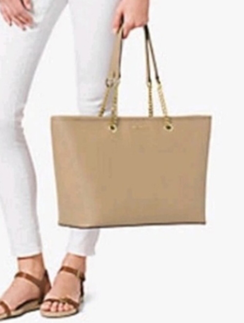 Michael Kors Jet Set Cement Saffiano Leather Silver Chain Shoulder Tote Bag